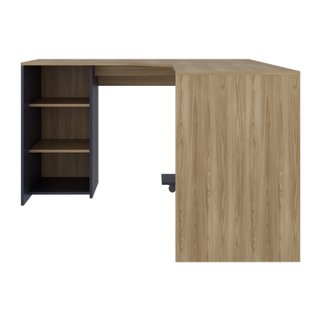 Escritorio En L Baggio Fresno Y Blanco 130x76.5cm Con Entrepaños Y Con Base Para Torre Con Rodachines - ESCRITORIOS | Bylmo