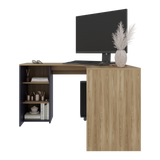 Escritorio En L Baggio Fresno Y Blanco 130x76.5cm Con Entrepaños Y Con Base Para Torre Con Rodachines - ESCRITORIOS | Bylmo