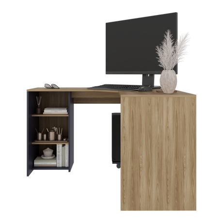 Escritorio En L Baggio Fresno Y Blanco 130x76.5cm Con Entrepaños Y Con Base Para Torre Con Rodachines - ESCRITORIOS | Bylmo