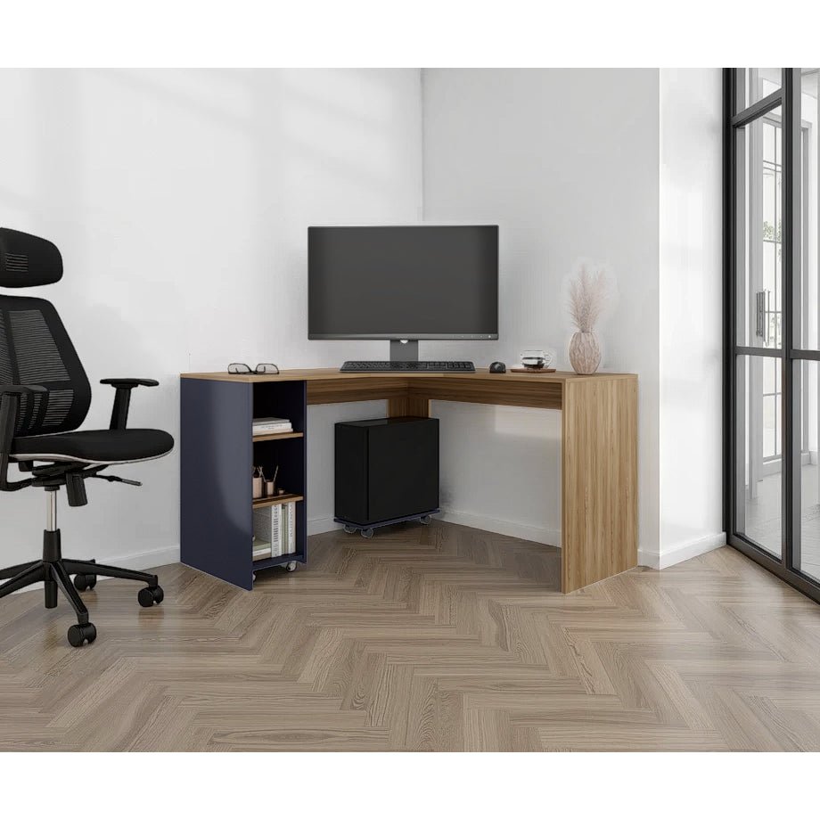 Escritorio En L Baggio Fresno Y Blanco 130x76.5cm Con Entrepaños Y Con Base Para Torre Con Rodachines - ESCRITORIOS | Bylmo