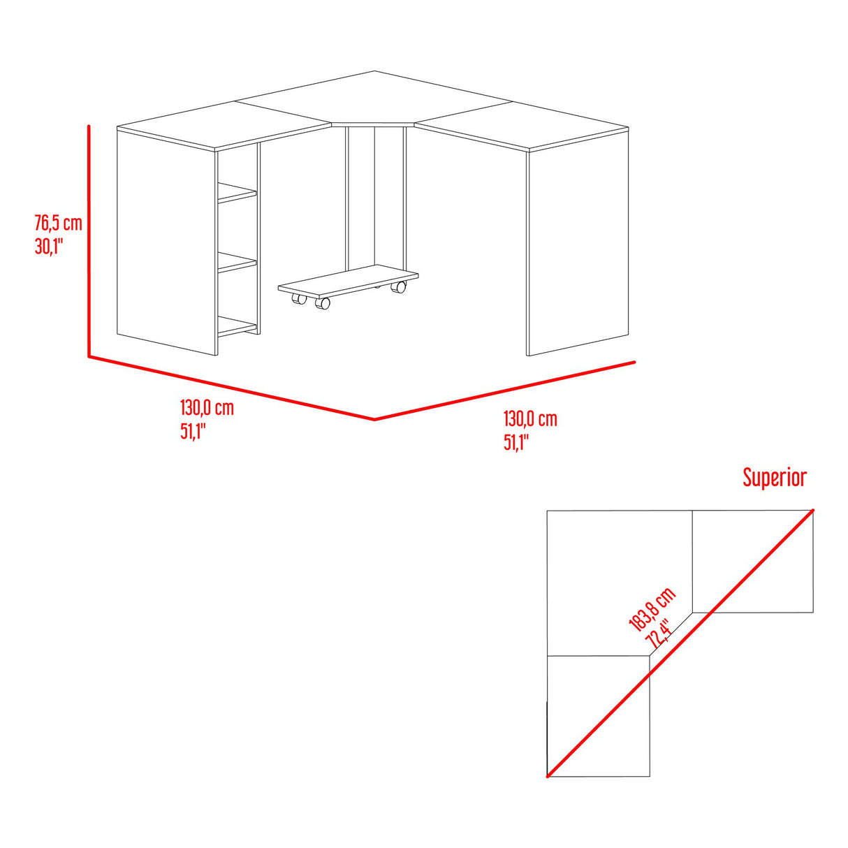 Escritorio En L Baggio Fresno Y Blanco 130x76.5cm Con Entrepaños Y Con Base Para Torre Con Rodachines - ESCRITORIOS | Bylmo