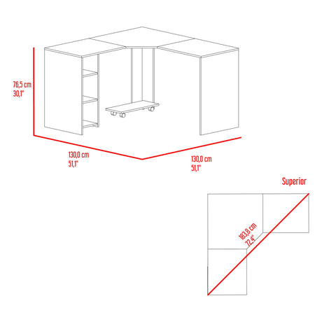 Escritorio En L Baggio Fresno Y Blanco 130x76.5cm Con Entrepaños Y Con Base Para Torre Con Rodachines - ESCRITORIOS | Bylmo