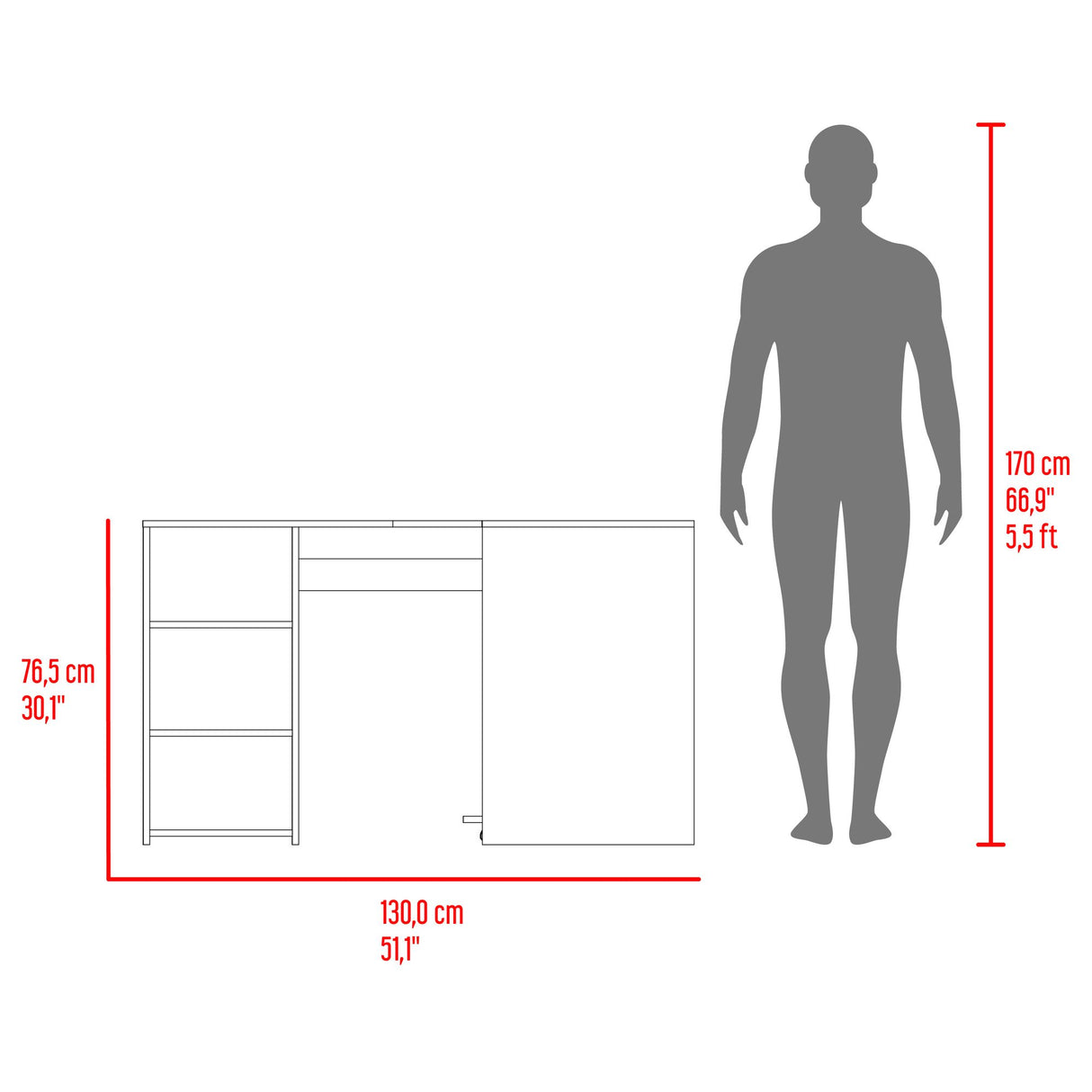 Escritorio En L Baggio Fresno Y Blanco 130x76.5cm Con Entrepaños Y Con Base Para Torre Con Rodachines - ESCRITORIOS | Bylmo