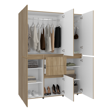 Closet Bea Fresno y Blanco 150x200cm con Dos Cajones con Seis Puertas y con Colgadero de Ropa - CLOSETS | Bylmo