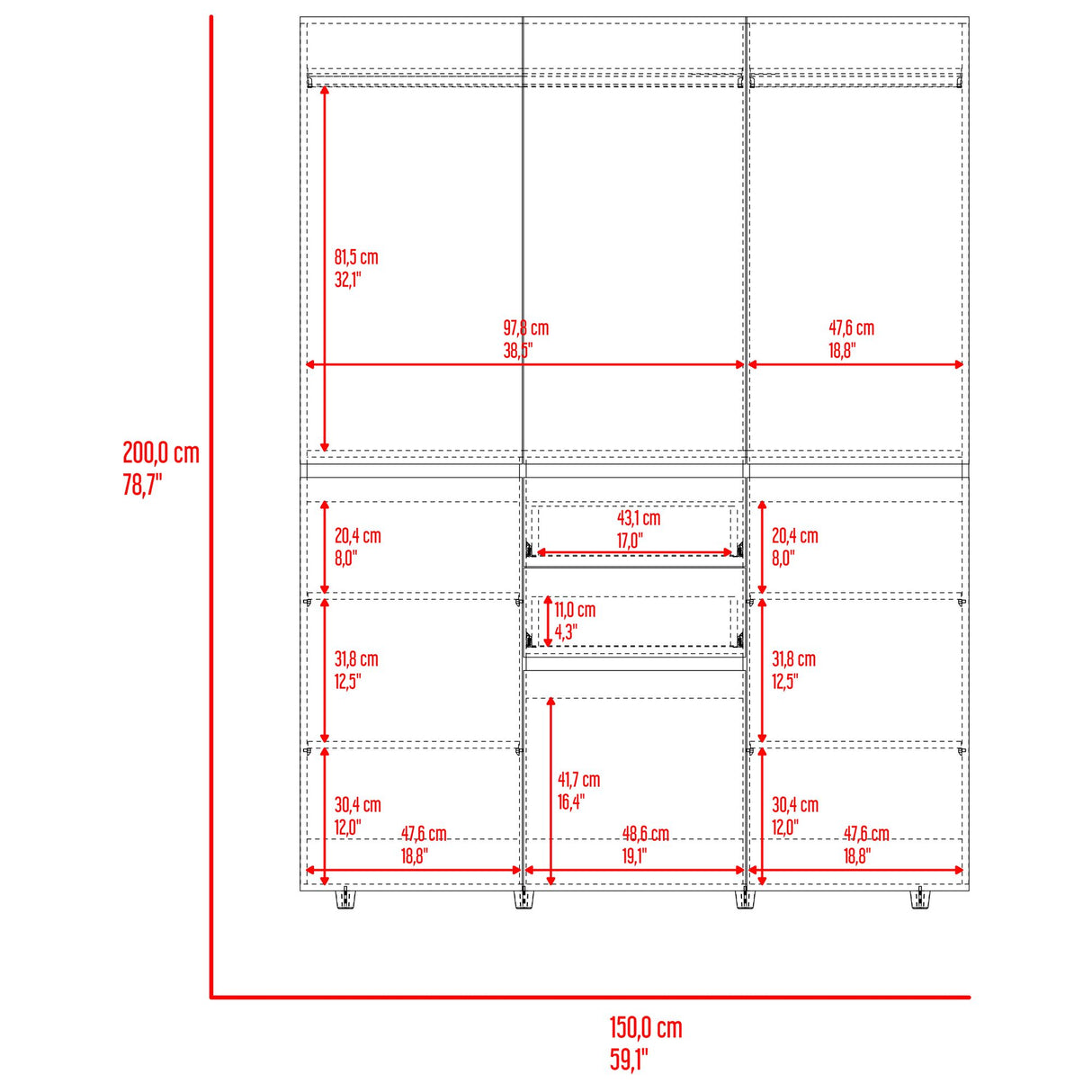 Closet Bea Fresno y Blanco 150x200cm con Dos Cajones con Seis Puertas y con Colgadero de Ropa - CLOSETS | Bylmo