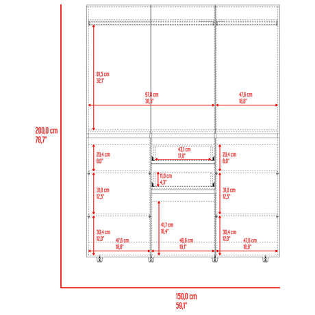 Closet Bea Fresno y Blanco 150x200cm con Dos Cajones con Seis Puertas y con Colgadero de Ropa - CLOSETS | Bylmo