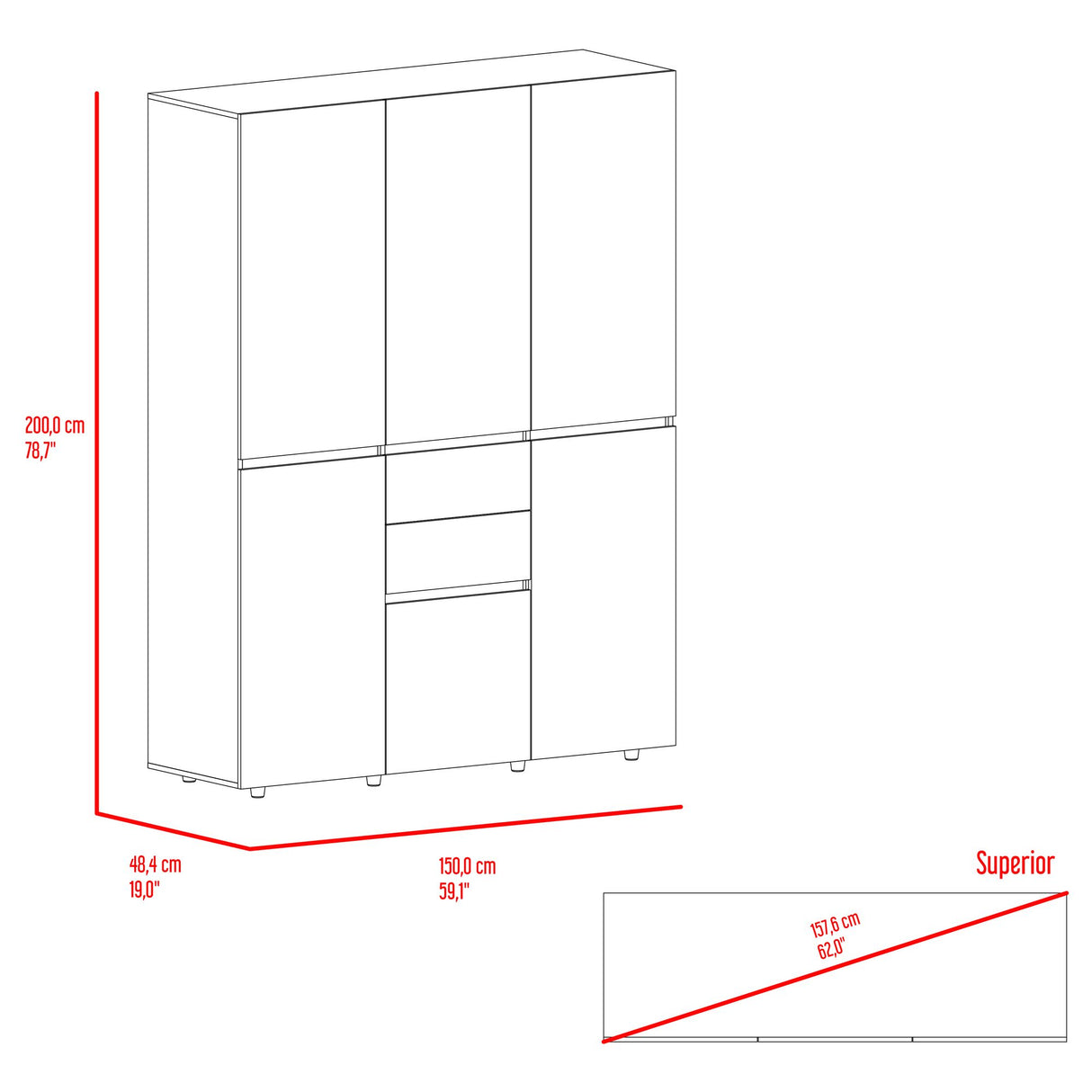 Closet Bea Fresno y Blanco 150x200cm con Dos Cajones con Seis Puertas y con Colgadero de Ropa - CLOSETS | Bylmo