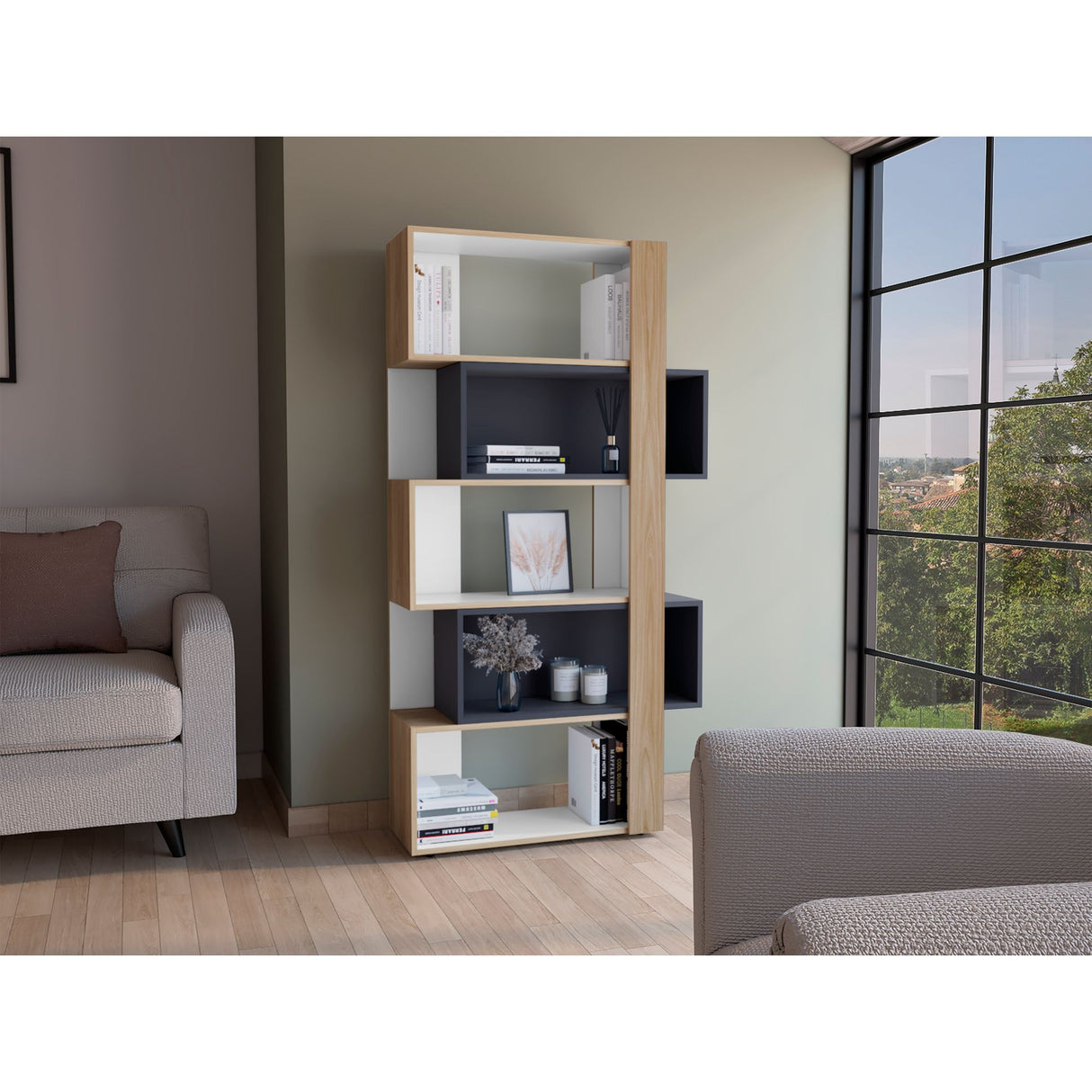 Biblioteca Beijing Fresno y Blanco 70.2x161.5cm Rectangular con Cinco Compartimientos - BIBLIOTECAS Y ESTANTERIAS | Bylmo