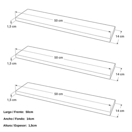 Set de 3 Repisas Blanco 14x50cm Rectangulares Flotantes - REPISAS | Bylmo