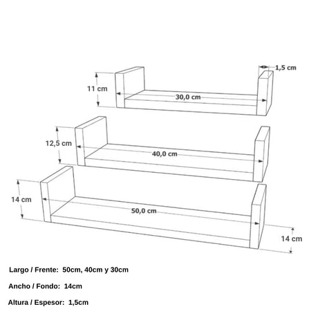 Set de 3 Repisas Wengue 14x50cm Tipo U Rectangulares Flotantes - REPISAS | Bylmo