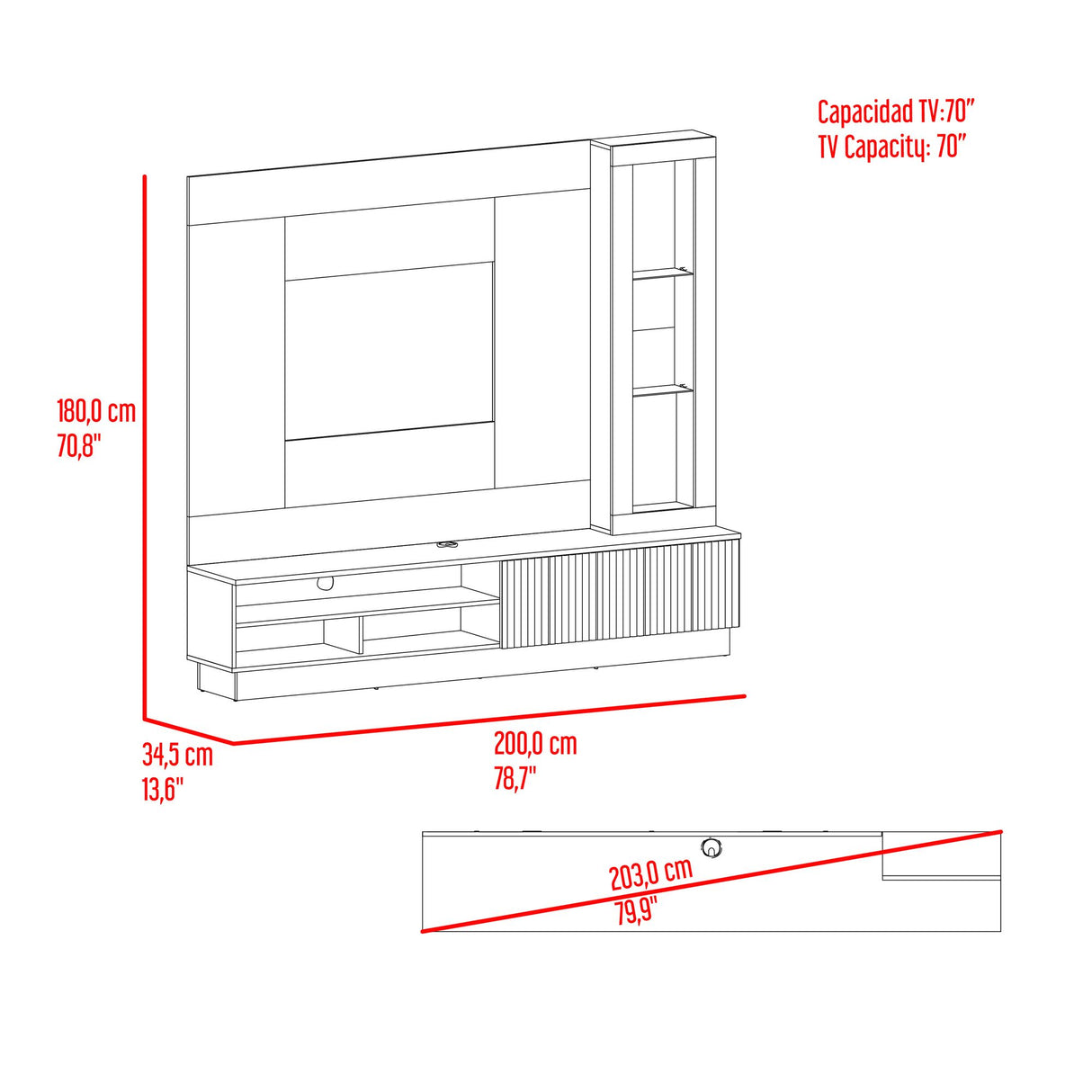 Centro de Entretenimiento Yakarta Milan y Roble Natural 200x180cm para TV Hasta 65" Pulgadas y con Siete Compartimientos - MUEBLES DE TV | Bylmo