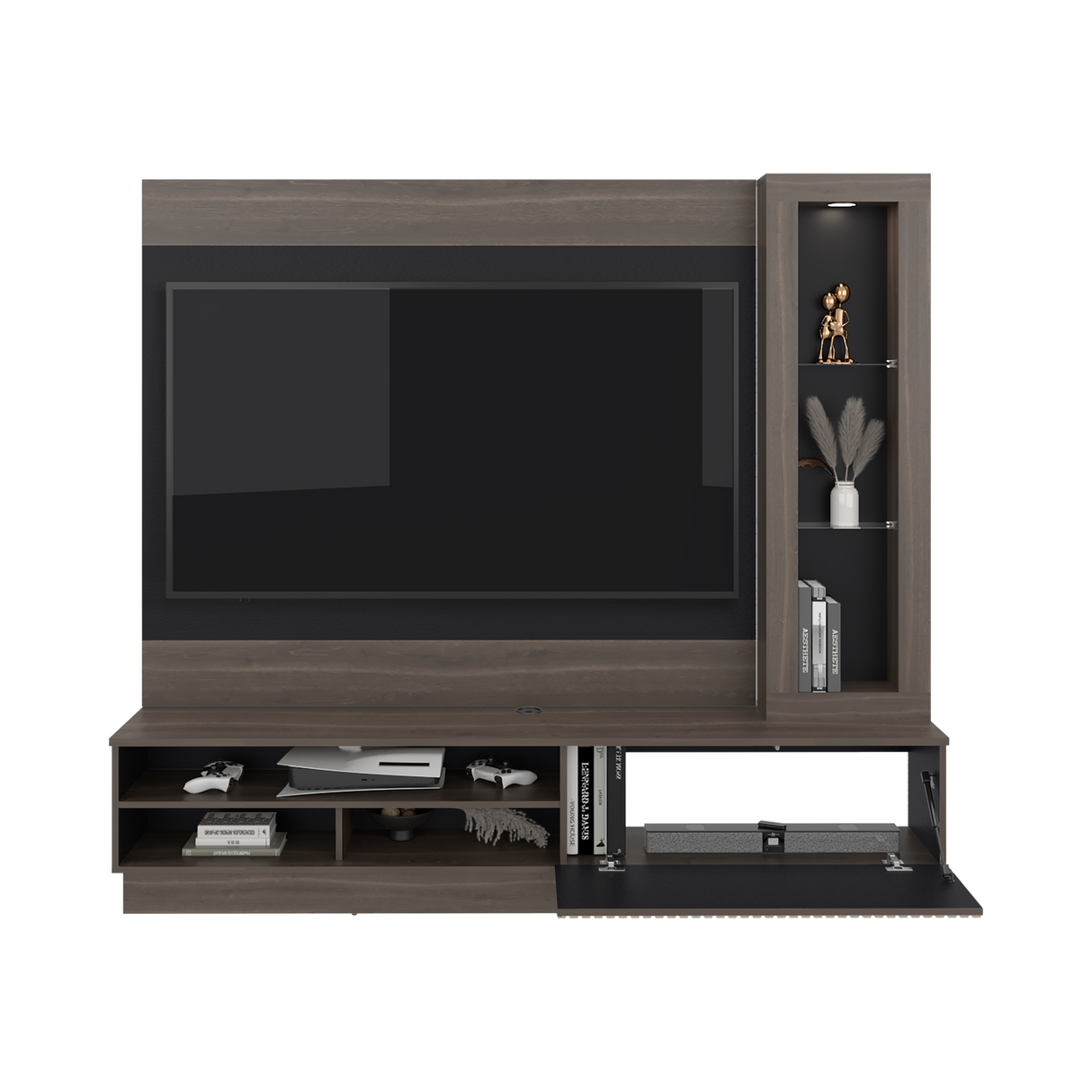 Centro de Entretenimiento Yakarta Milan y Roble Natural 200x180cm para TV Hasta 65" Pulgadas y con Siete Compartimientos - MUEBLES DE TV | Bylmo