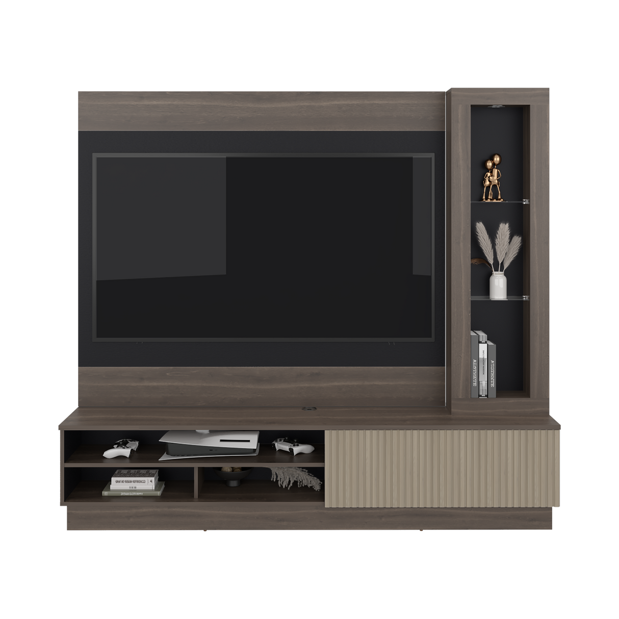 Centro de Entretenimiento Yakarta Milan y Roble Natural 200x180cm para TV Hasta 65" Pulgadas y con Siete Compartimientos - MUEBLES DE TV | Bylmo