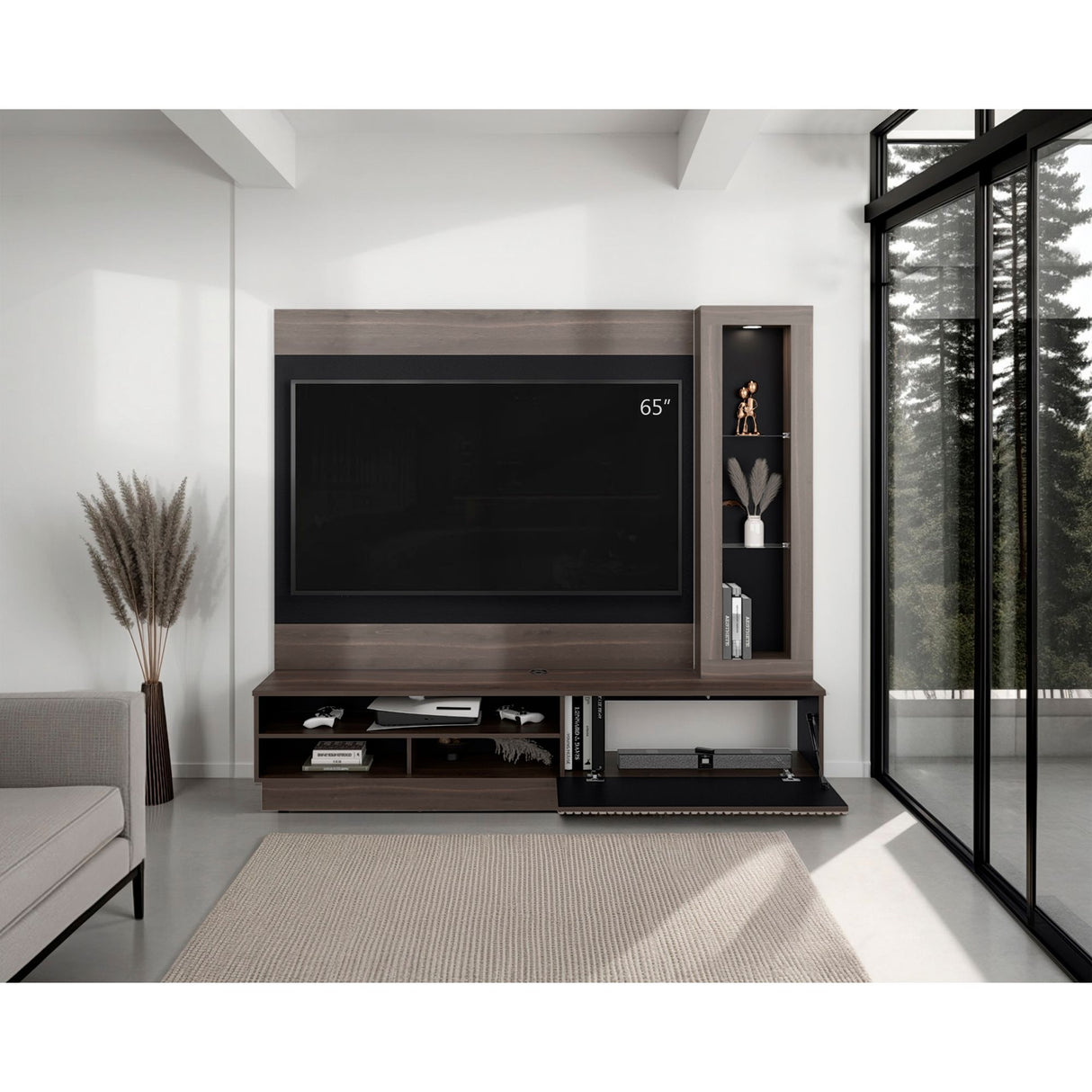 Centro de Entretenimiento Yakarta Milan y Roble Natural 200x180cm para TV Hasta 65" Pulgadas y con Siete Compartimientos - MUEBLES DE TV | Bylmo