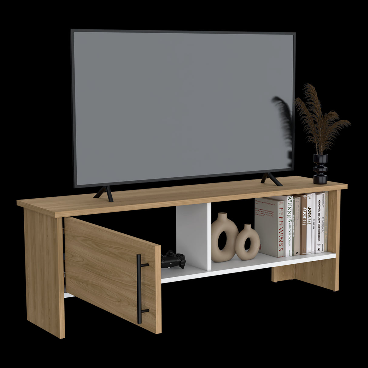 Mesa para TV Navia Fresno Europeo y Blanco 120.3x42.1cm para TV Hasta 50" Pulgadas y con Dos Compartimientos - MUEBLES DE TV | Bylmo