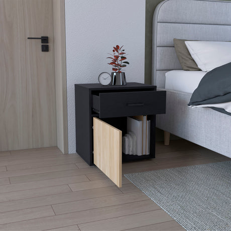 Mesa de Noche Grayson Wengue y Fresno 50x55cm con Un Cajón y con Dos Compartimientos - MESAS DE NOCHE | Bylmo