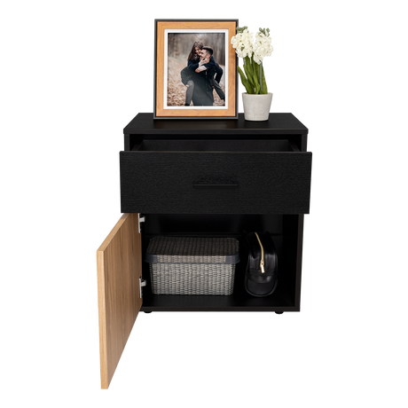 Mesa de Noche Grayson Wengue y Fresno 50x55cm con Un Cajón y con Dos Compartimientos - MESAS DE NOCHE | Bylmo