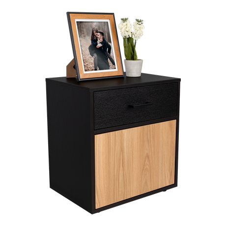 Mesa de Noche Grayson Wengue y Fresno 50x55cm con Un Cajón y con Dos Compartimientos - MESAS DE NOCHE | Bylmo