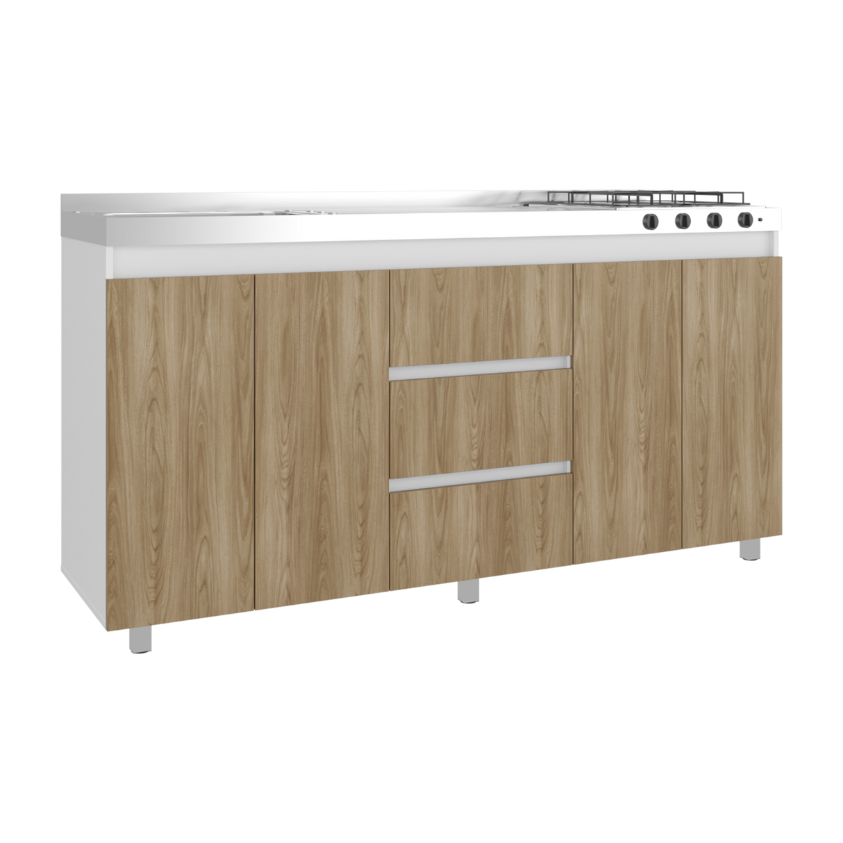 Mueble Inferior de Cocina Boreal Blanco y Fresno Europeo 179.9x89.5cm Con Meson Izquierdo de Acero Inoxidable y con Estufa - MUEBLES INFERIORES DE COCINA | Bylmo