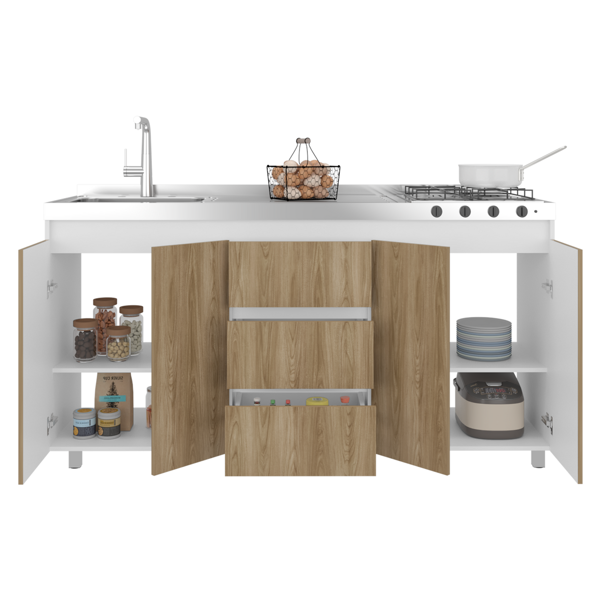 Mueble Inferior de Cocina Boreal Blanco y Fresno Europeo 179.9x89.5cm Con Meson Izquierdo de Acero Inoxidable y con Estufa - MUEBLES INFERIORES DE COCINA | Bylmo