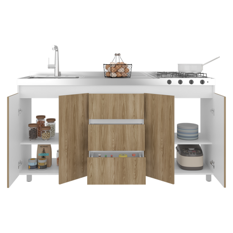 Mueble Inferior de Cocina Boreal Blanco y Fresno Europeo 179.9x89.5cm Con Meson Izquierdo de Acero Inoxidable y con Estufa - MUEBLES INFERIORES DE COCINA | Bylmo