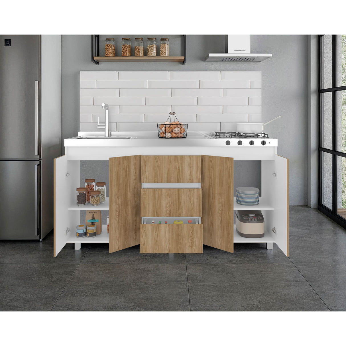 Mueble Inferior de Cocina Boreal Blanco y Fresno Europeo 179.9x89.5cm Con Meson Izquierdo de Acero Inoxidable y con Estufa - MUEBLES INFERIORES DE COCINA | Bylmo