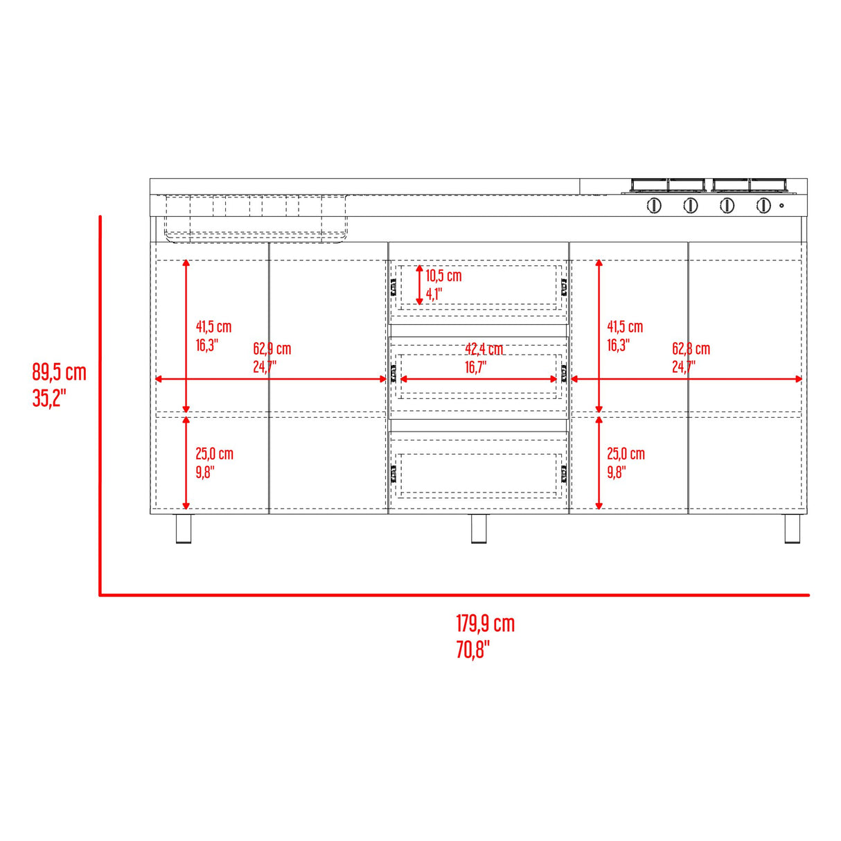 Mueble Inferior de Cocina Boreal Blanco y Fresno Europeo 179.9x89.5cm Con Meson Izquierdo de Acero Inoxidable y con Estufa - MUEBLES INFERIORES DE COCINA | Bylmo