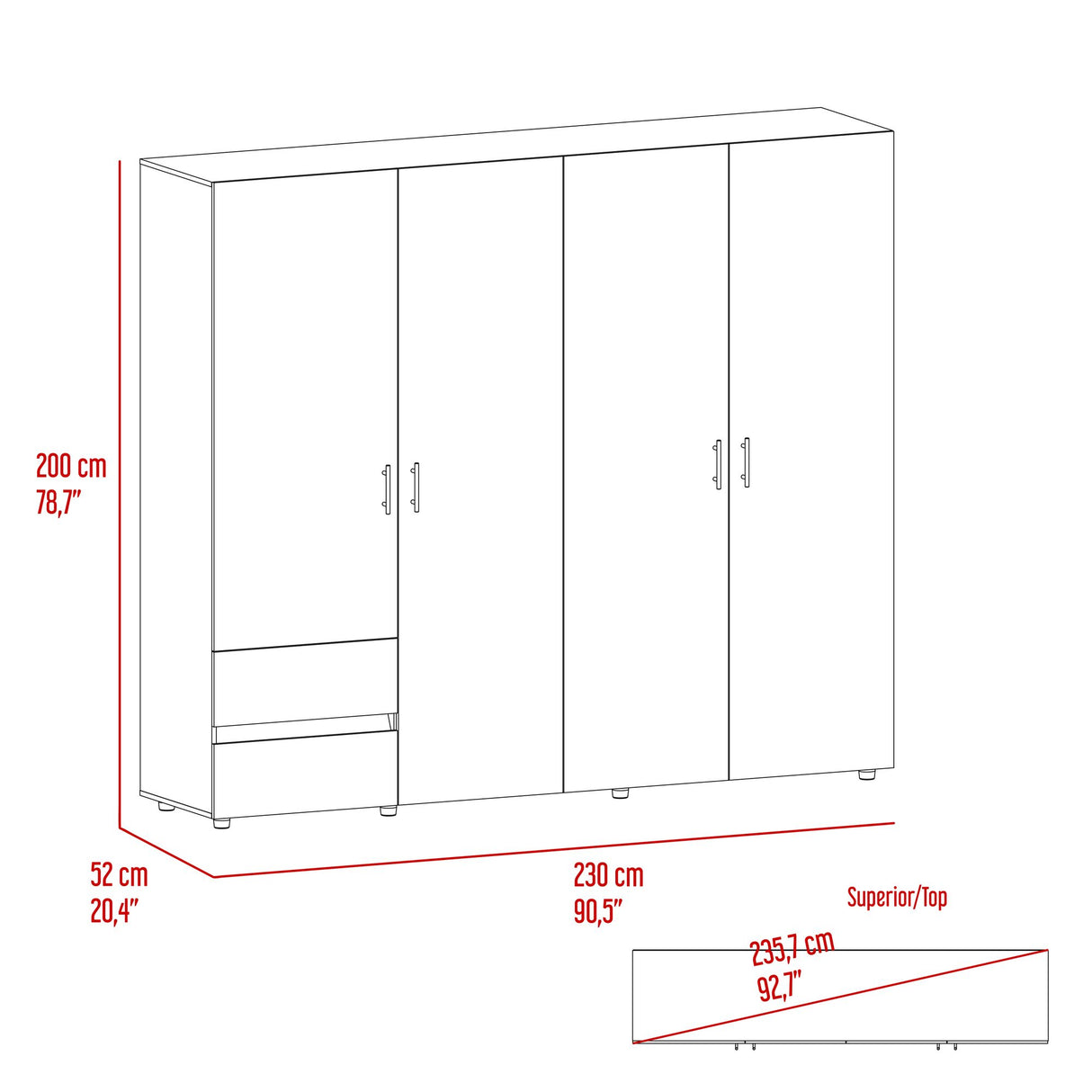 Closet Dassel Blanco y Fresno Europeo 230x200cm con Cuatro Puertas y con Dos Cajones - CLOSETS | Bylmo