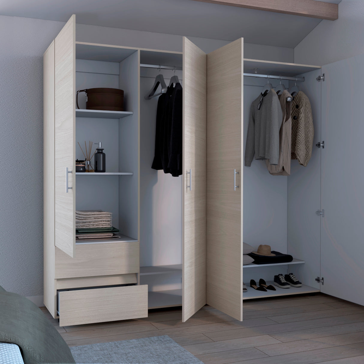 Closet Dassel Niebla y Blanco 230x200cm con Cuatro Puertas y con Dos Cajones - CLOSETS | Bylmo