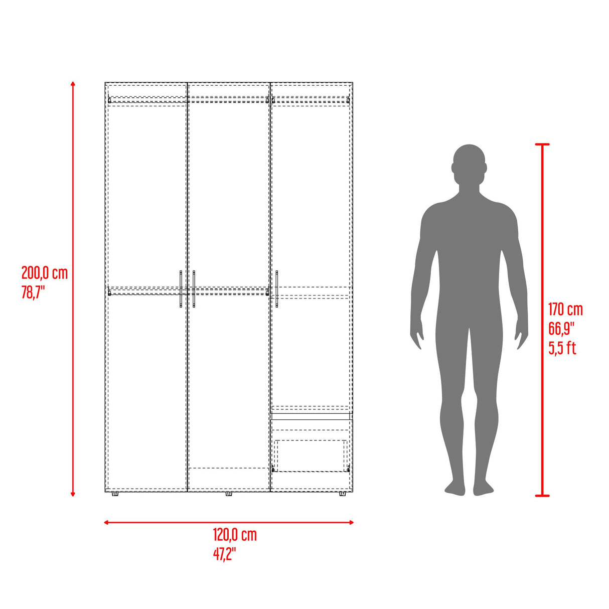 Closet Kenvil Milan y Wengue 120x200cm con Tres Puertas y con Un Cajón - CLOSETS | Bylmo