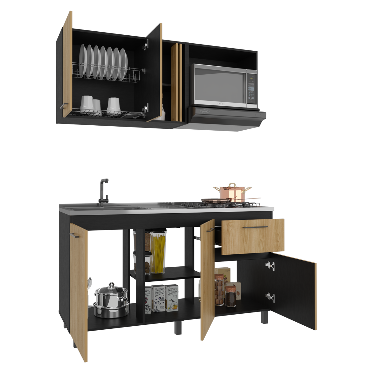 Cocina Preston Wengue y Fresno Europeo 150x60cm con Meson de Acero Al Carbon Izquierdo y con Estufa - COCINAS | Bylmo