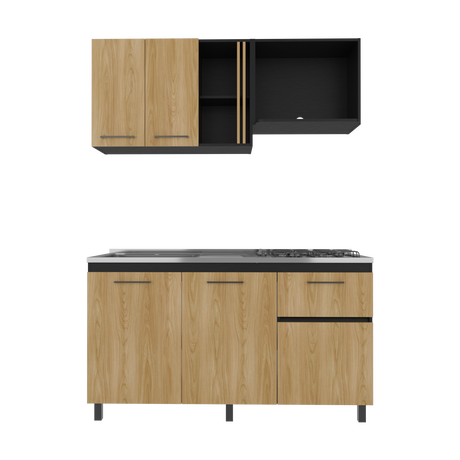 Cocina Preston Wengue y Fresno Europeo 150x60cm con Meson de Acero Al Carbon Izquierdo y con Estufa - COCINAS | Bylmo