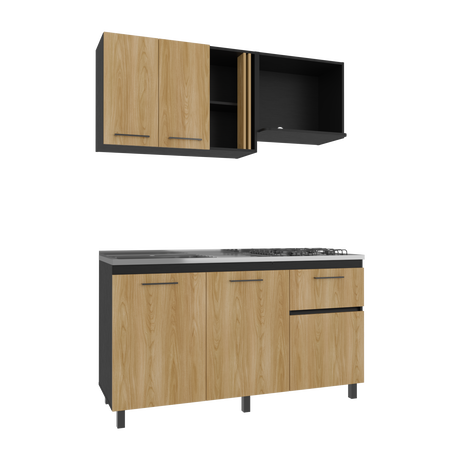 Cocina Preston Wengue y Fresno Europeo 150x60cm con Meson de Acero Al Carbon Izquierdo y con Estufa - COCINAS | Bylmo