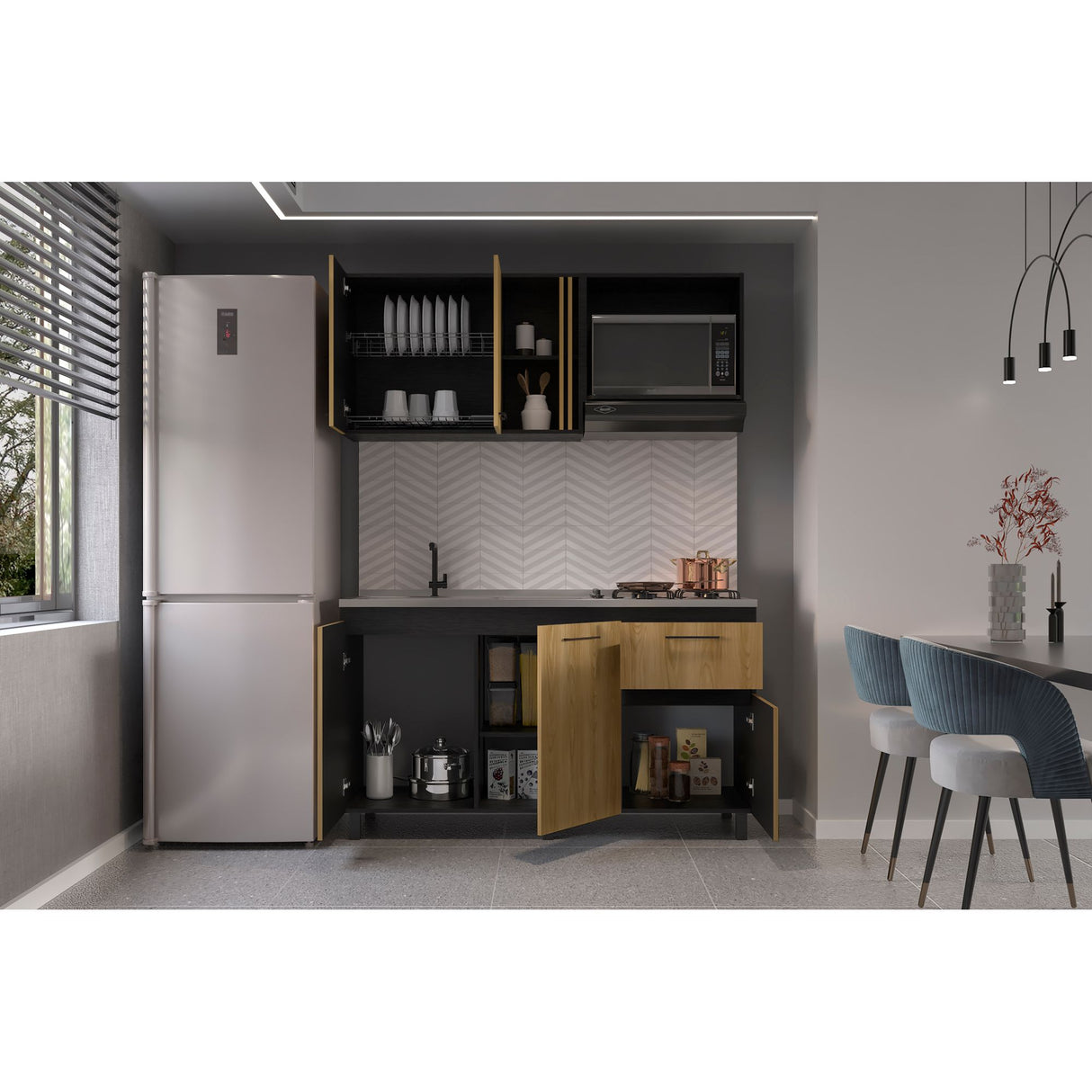 Cocina Preston Wengue y Fresno Europeo 150x60cm con Meson de Acero Al Carbon Izquierdo y con Estufa - COCINAS | Bylmo