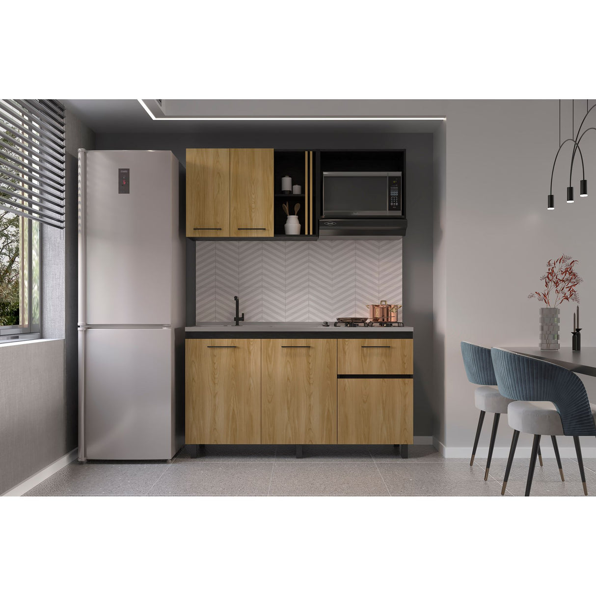Cocina Preston Wengue y Fresno Europeo 150x60cm con Meson de Acero Al Carbon Izquierdo y con Estufa - COCINAS | Bylmo