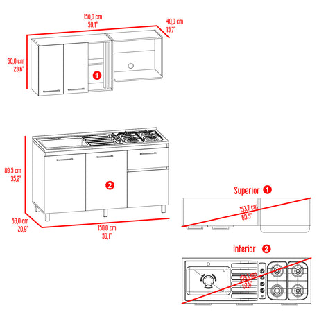 Cocina Preston Wengue y Fresno Europeo 150x60cm con Meson de Acero Al Carbon Izquierdo y con Estufa - COCINAS | Bylmo