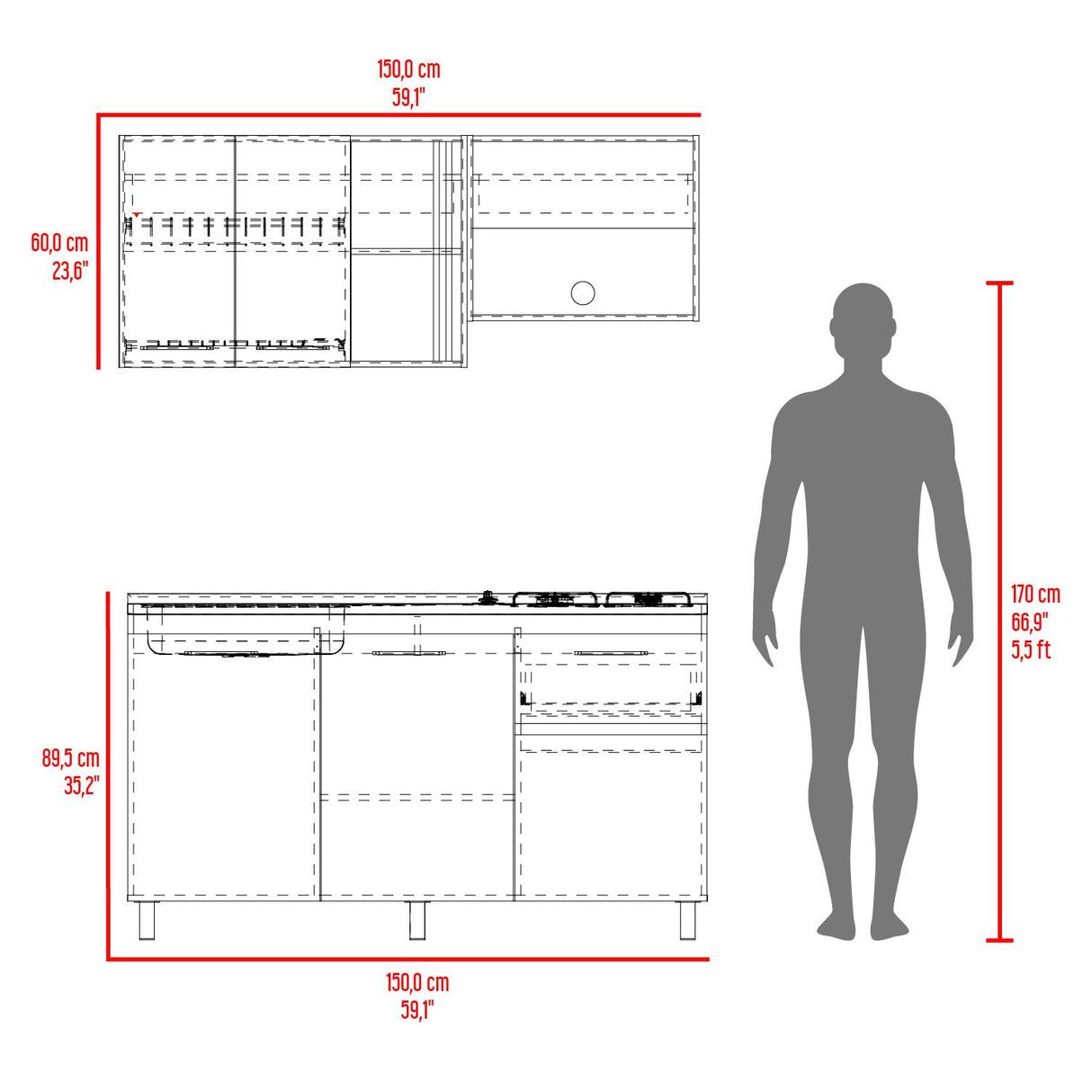 Cocina Preston Wengue y Fresno Europeo 150x60cm con Meson de Acero Al Carbon Izquierdo y con Estufa - COCINAS | Bylmo