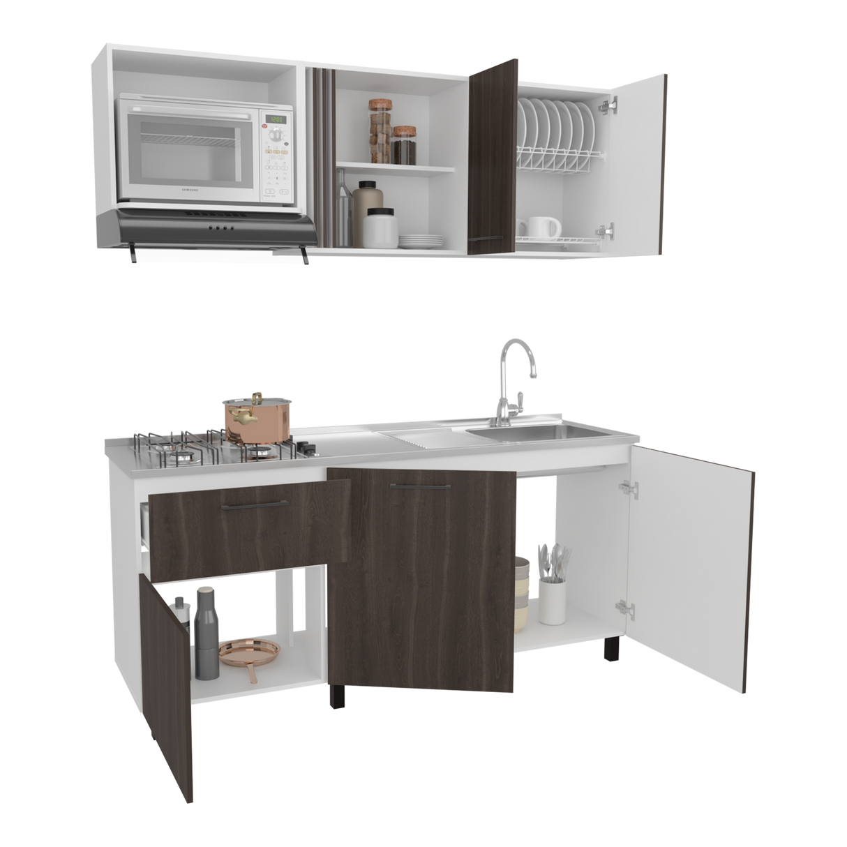 Cocina Preston Blanco y Milan 180x60cm con Meson de Acero Al Carbon Derecho y con Estufa - COCINAS | Bylmo