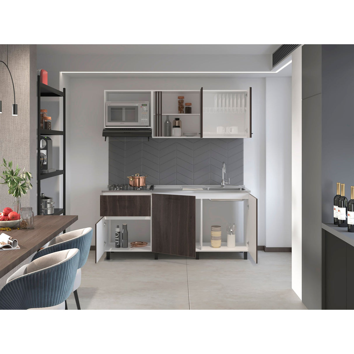 Cocina Preston Blanco y Milan 180x60cm con Meson de Acero Al Carbon Derecho y con Estufa - COCINAS | Bylmo