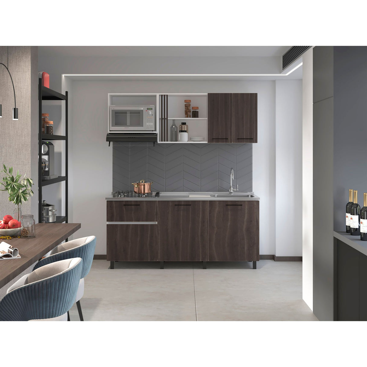 Cocina Preston Blanco y Milan 180x60cm con Meson de Acero Al Carbon Derecho y con Estufa - COCINAS | Bylmo