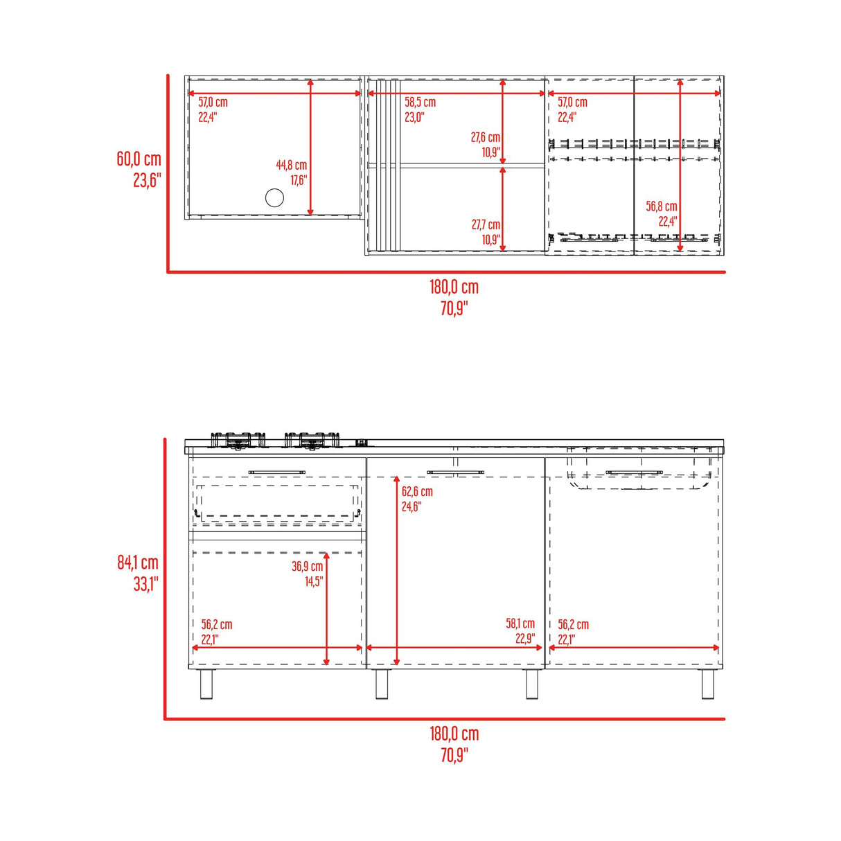 Cocina Preston Blanco y Milan 180x60cm con Meson de Acero Al Carbon Derecho y con Estufa - COCINAS | Bylmo