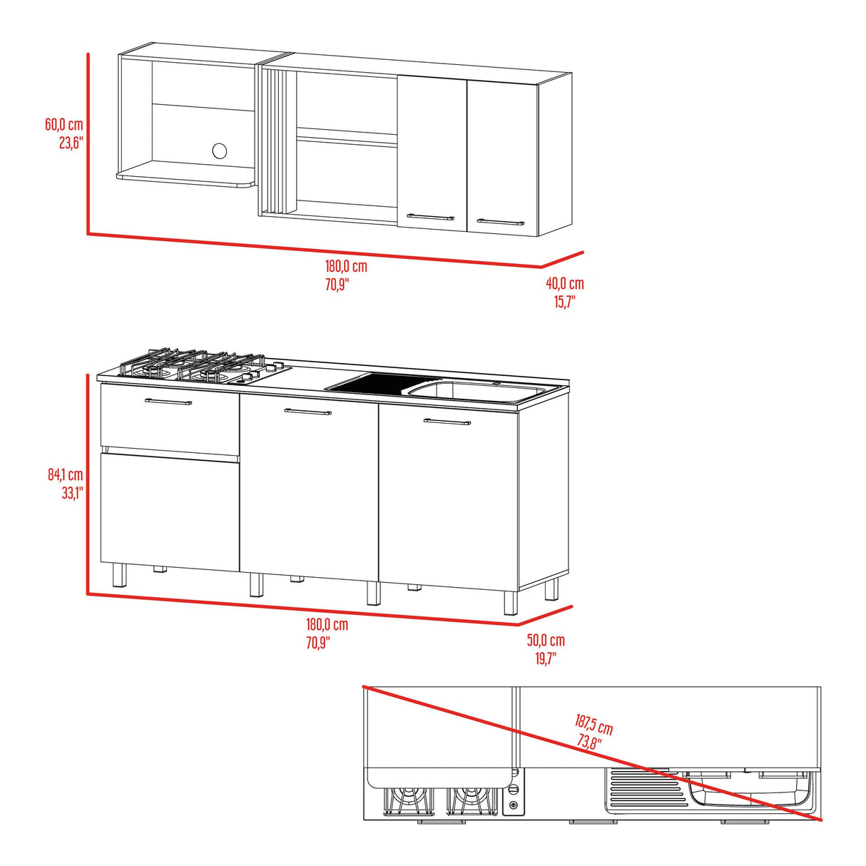 Cocina Preston Blanco y Milan 180x60cm con Meson de Acero Al Carbon Derecho y con Estufa - COCINAS | Bylmo