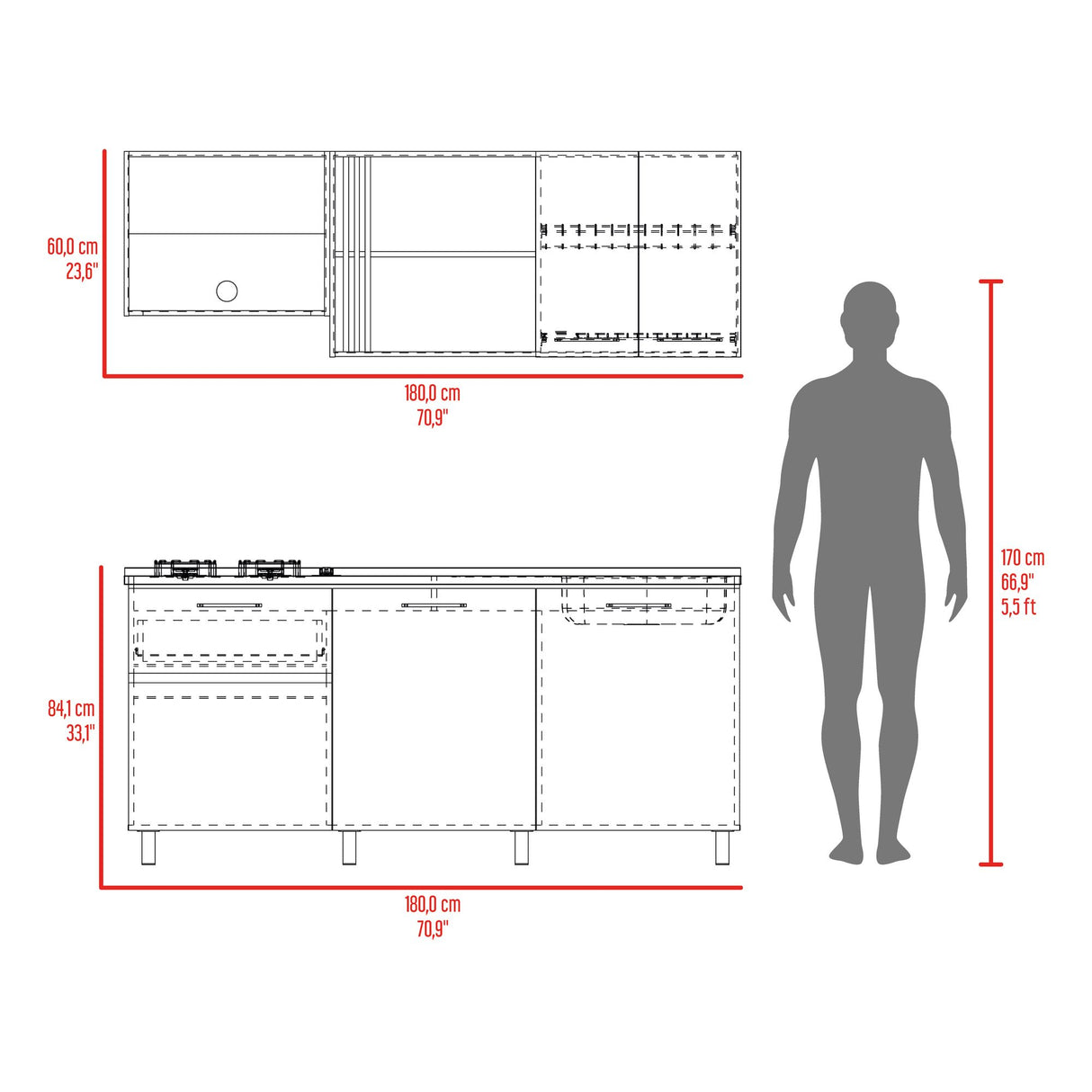 Cocina Preston Blanco y Milan 180x60cm con Meson de Acero Al Carbon Derecho y con Estufa - COCINAS | Bylmo