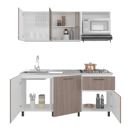 Cocina Preston Blanco y Bardolino 180x60cm con Meson de Acero Al Carbon Derecho y con Estufa - COCINAS | Bylmo