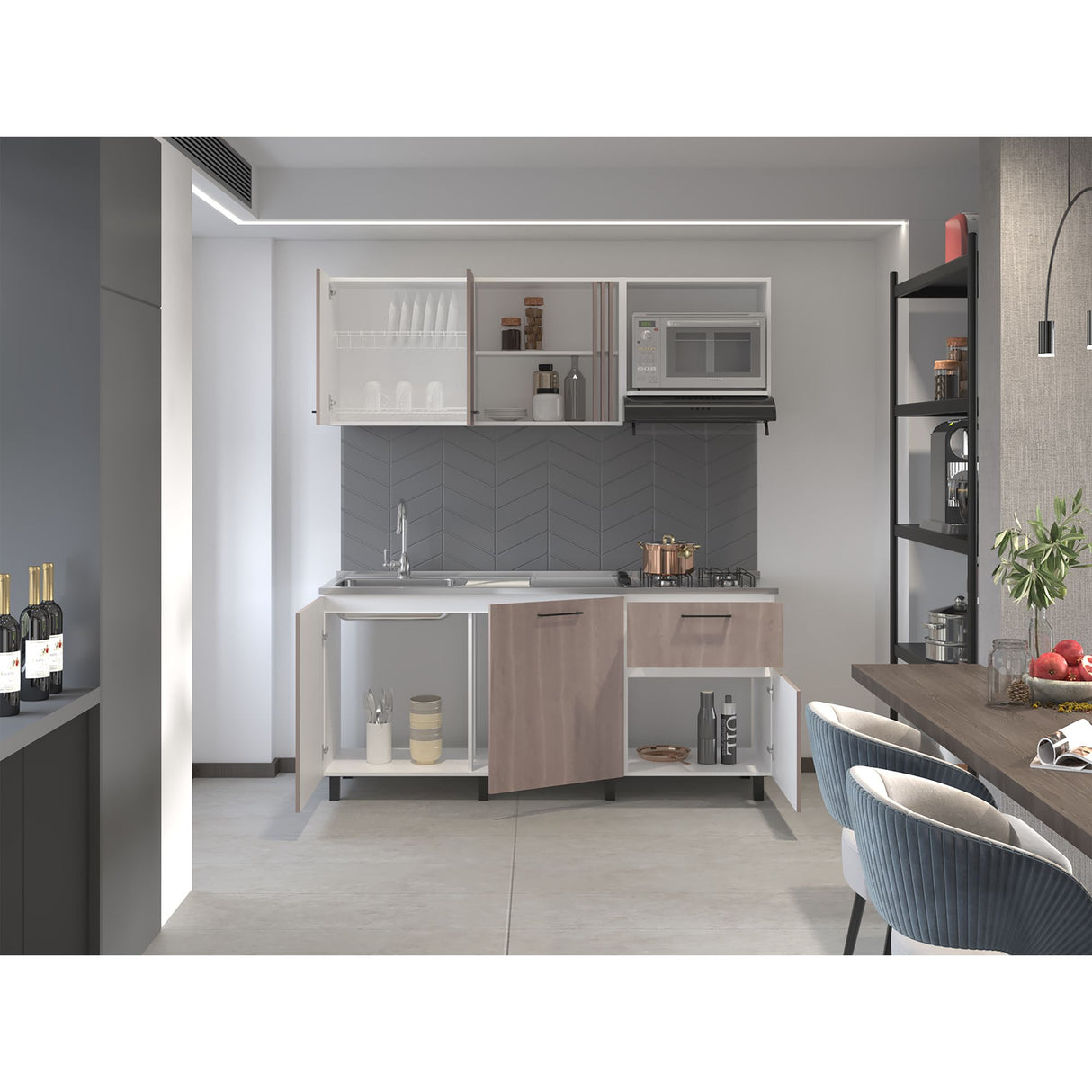 Cocina Preston Blanco y Bardolino 180x60cm con Meson de Acero Al Carbon Derecho y con Estufa - COCINAS | Bylmo