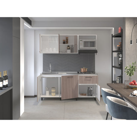 Cocina Preston Blanco y Bardolino 180x60cm con Meson de Acero Al Carbon Derecho y con Estufa - COCINAS | Bylmo