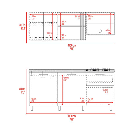 Cocina Preston Blanco y Bardolino 180x60cm con Meson de Acero Al Carbon Derecho y con Estufa - COCINAS | Bylmo