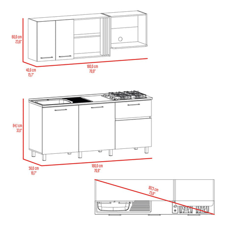 Cocina Preston Blanco y Bardolino 180x60cm con Meson de Acero Al Carbon Derecho y con Estufa - COCINAS | Bylmo
