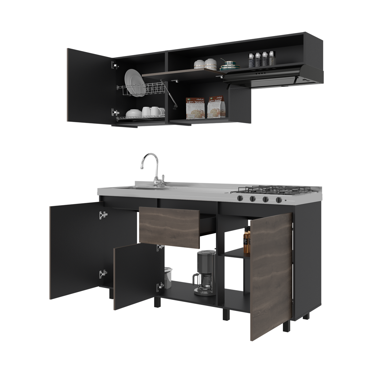 Cocina Quebec Wengue y Milan 180x180cm con Meson de Acero Inoxidable Izquierdo y con Estufa - COCINAS | Bylmo