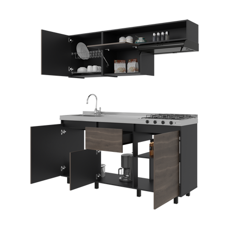 Cocina Quebec Wengue y Milan 180x180cm con Meson de Acero Inoxidable Izquierdo y con Estufa - COCINAS | Bylmo